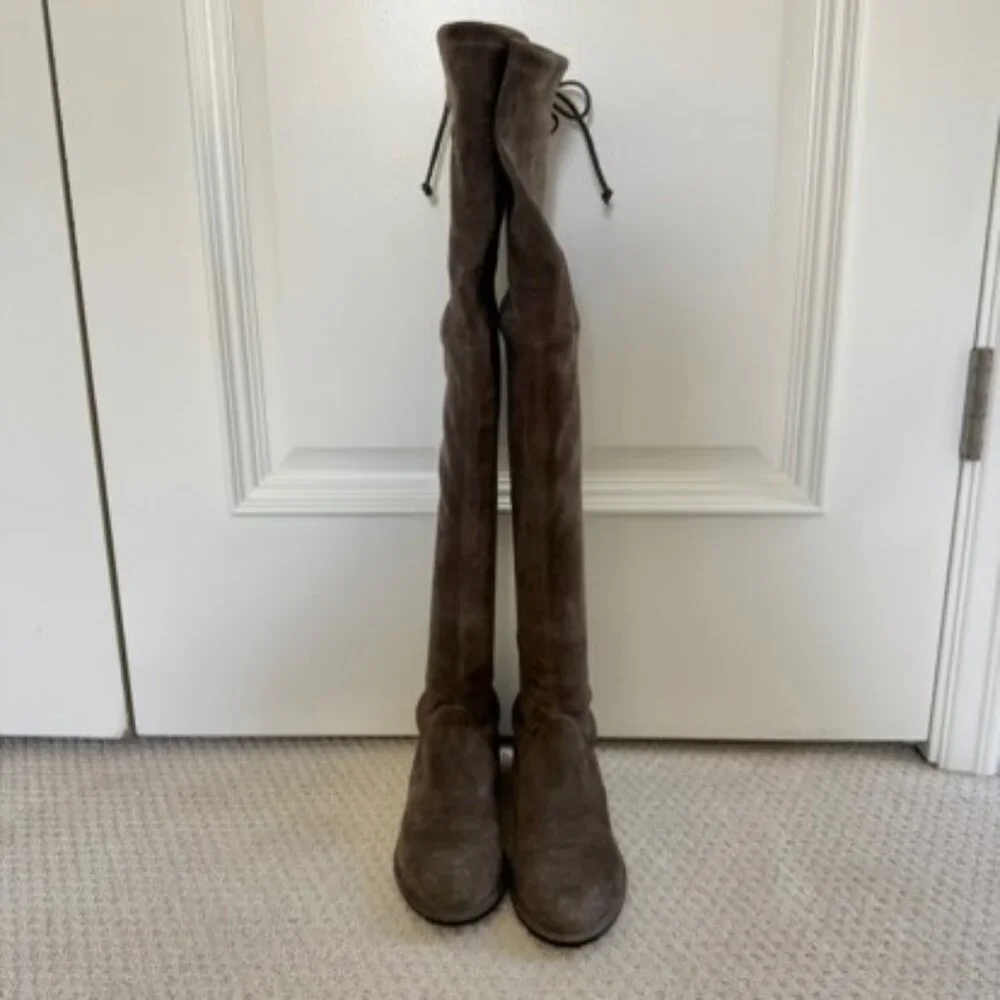 Stuart Weitzman Lowland OTK Boots Gray Suede 7 Minimalist Feminine Quiet Luxury - Picture 3 of 10
